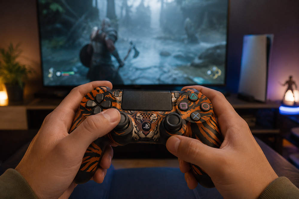 گیمر در حال بازی با دسته بازی سونی مدل SONY DUALSHOCK PS4 طرح TIGER در محیط خانگی گیمینگ